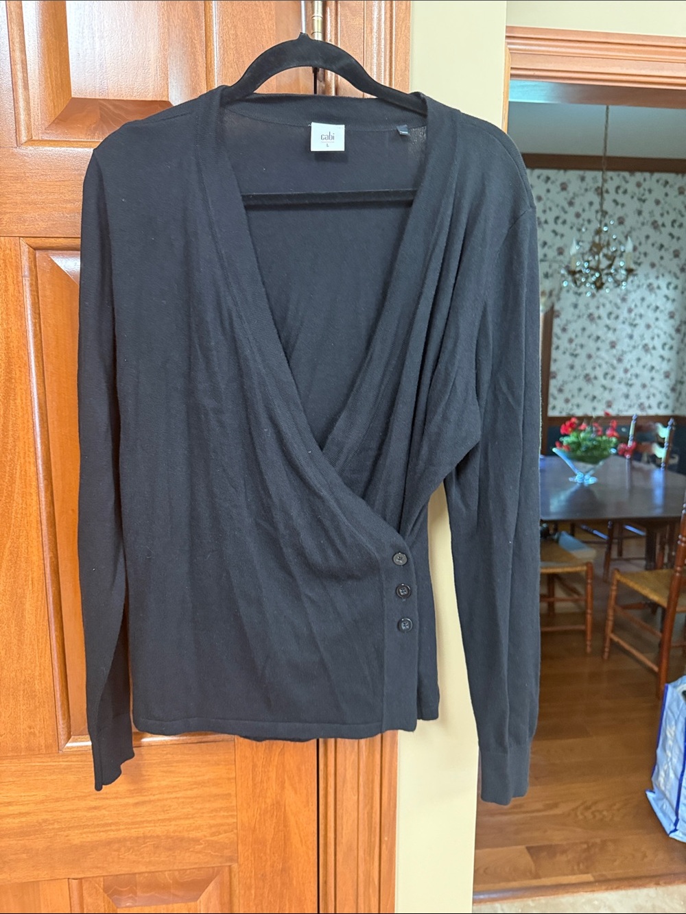 CAbi Black Faux-Wrap Long Sleeve Top with Side Buttons